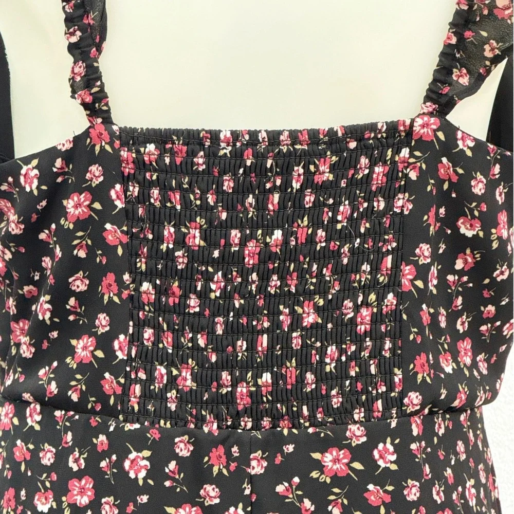 Lola Grace Floral Midi Dress Womens Medium Black Pink Flutter Sleeve Cottagecore
